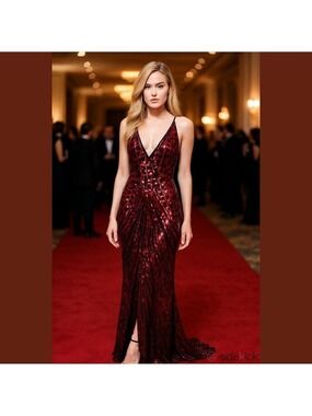 VIJIV Crimson Red Art Deco Sequin Mermaid Gown XL